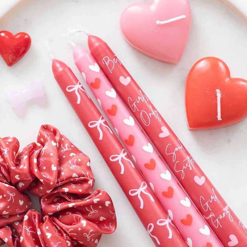 Something Different - Set of 3 Girl Gang Bow and Heart Taper Candle - Red/Pink